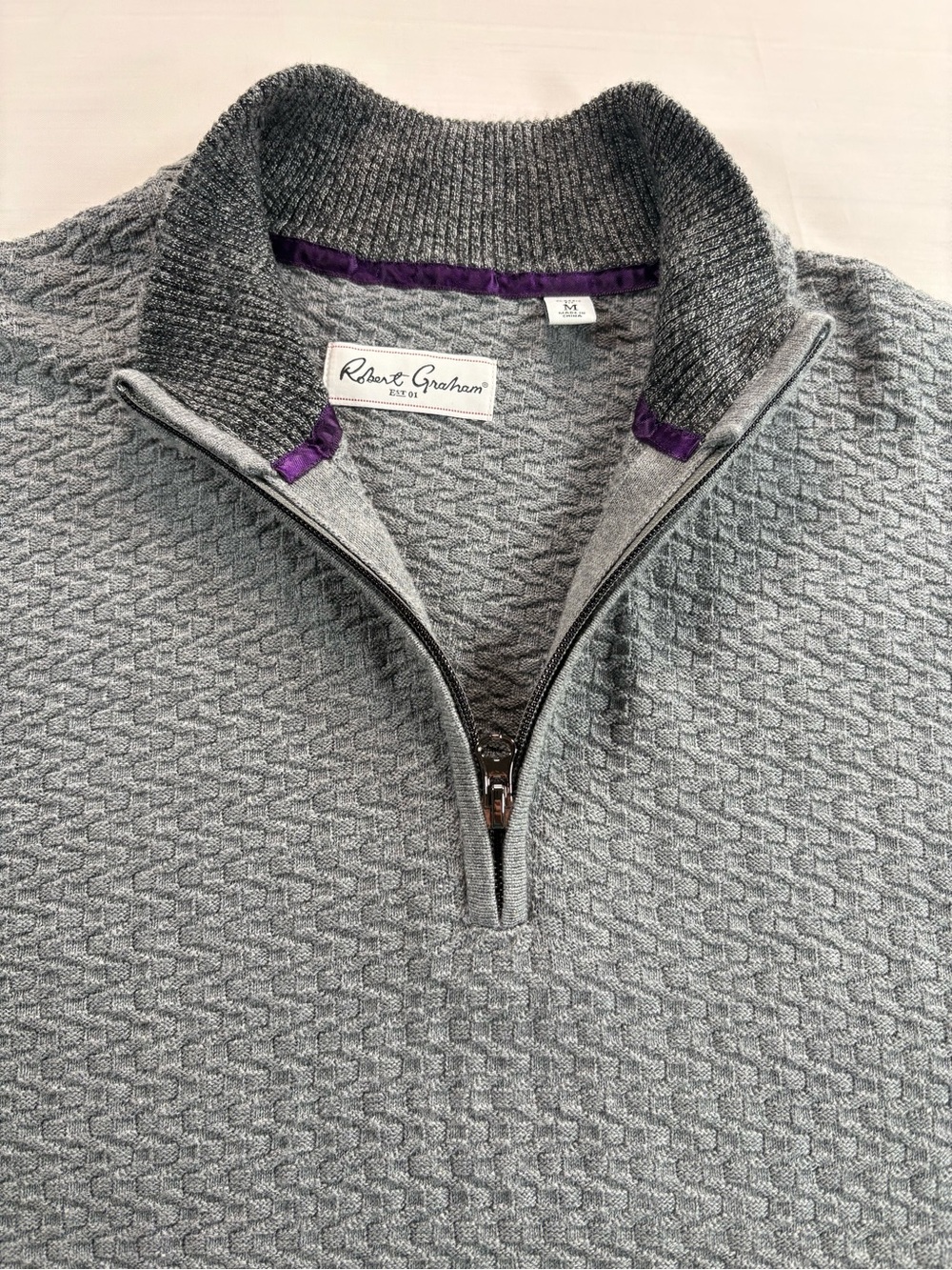 Robert Graham Mens Medium Gray Textured Knit 1/4 Zip Cotton Sweater